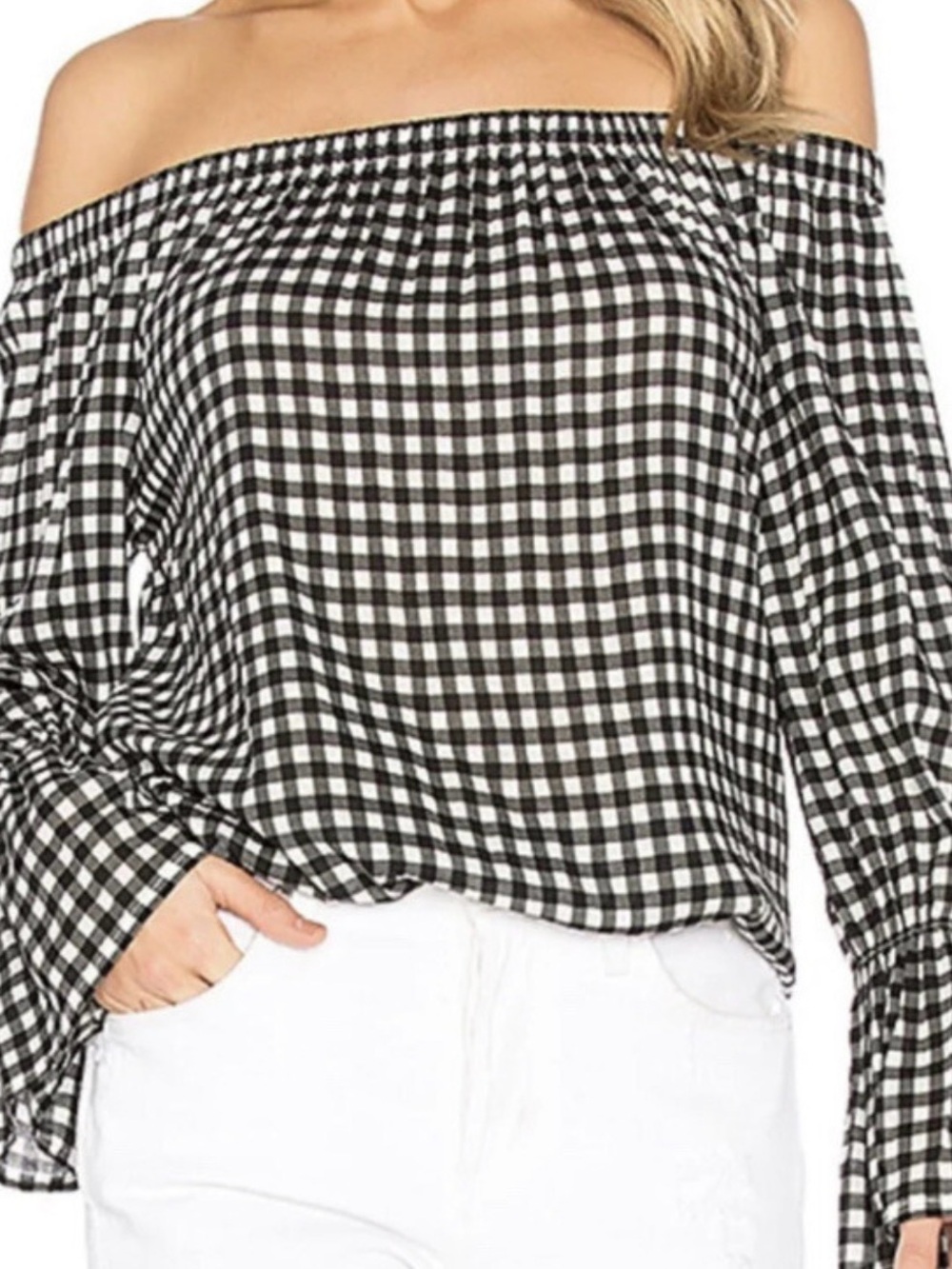 Sanctuary NWT Charlotte Gingham Off Shoulder Top Black White Size L